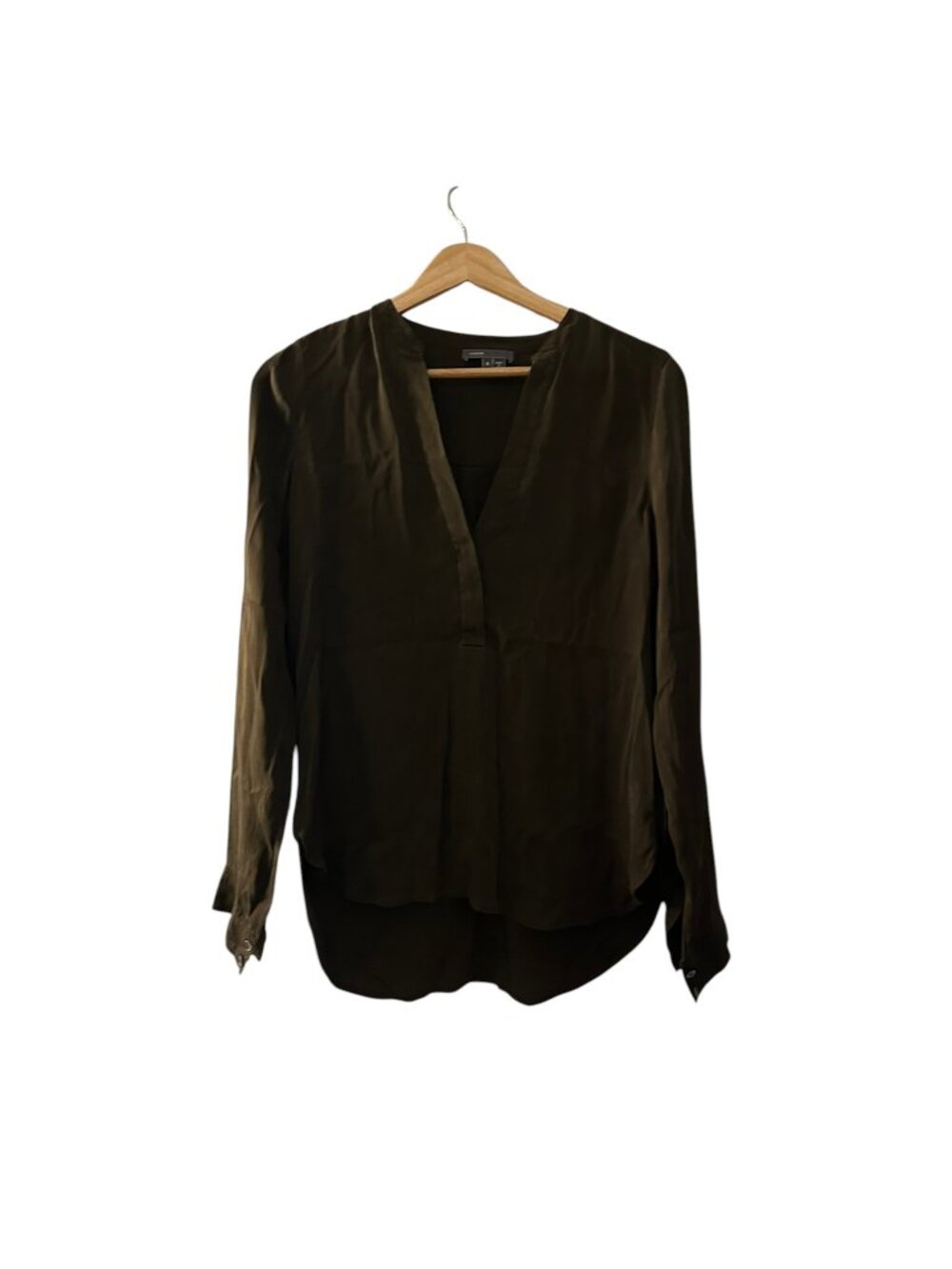 Vince Dark Olive Brown Silk V-Neck Blouse Size 6